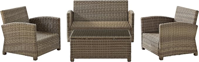 Crosley Furniture Bradenton 4-Piece Outdoor Loveseat Patio Furniture Set, Wicker Conversation Sets for Porch, Brown with Sand Cushions