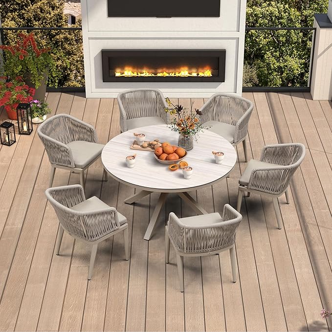 PURPLE LEAF 7 Pieces Round Patio Dining Set Aluminum Frame and Wicker Rattan Round Table and Arm Chairs with Cushions for Garden Porch Kitchen Modern Outdoor Champagne