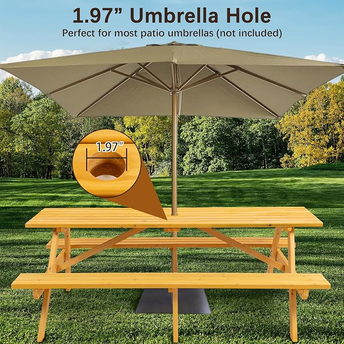 75'' Rectangular Outdoor Dining Table Wooden Patio Dining Table & 2 Built-in Bench for 8, 2" Umbrella Hole, Suitable for Backyard Garden Porch, Natural