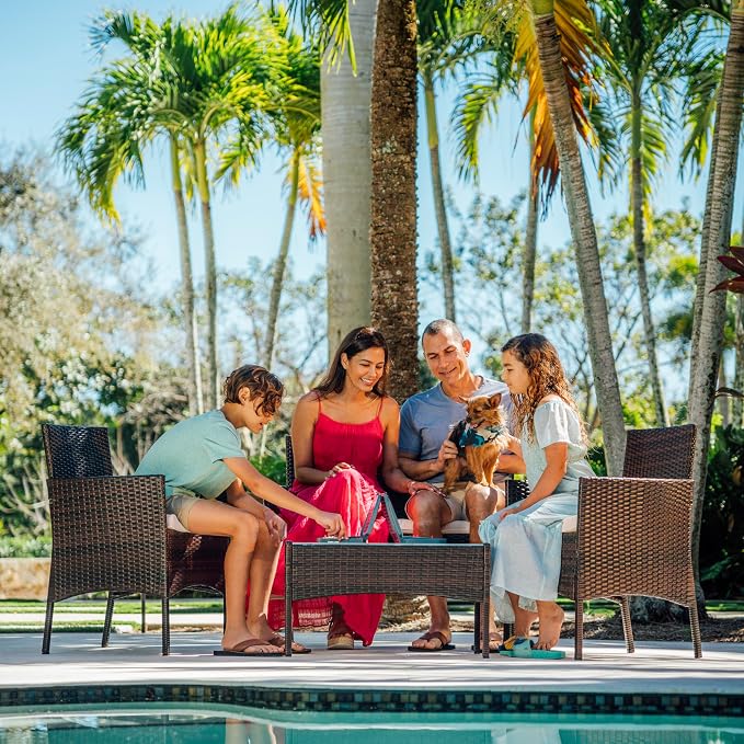 Nestl Wicker Patio Furniture - 4 Piece Set with 2 Chairs, Loveseat, Glass Top Coffee Table, Outdoor Furniture for Backyard, Pool or Porch (Brown/Beige)