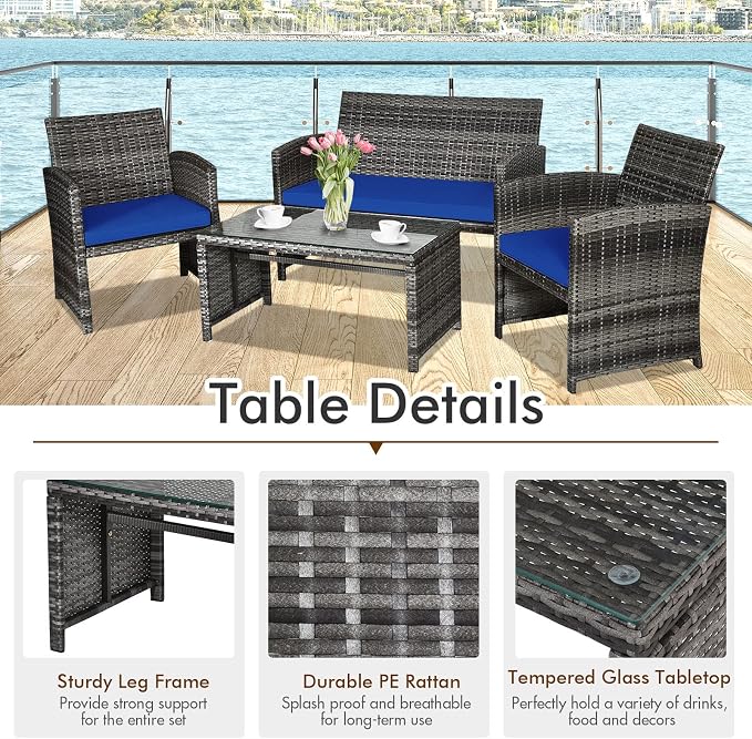 Outdoor Conversation Set, 4 Pieces Wicker Patio Furniture Set with Ergonomic Curved Design, Patio Chair Set with Water-resistant Cushion & Tempered Glass Table for Balcony,Porch(Navy Blue)