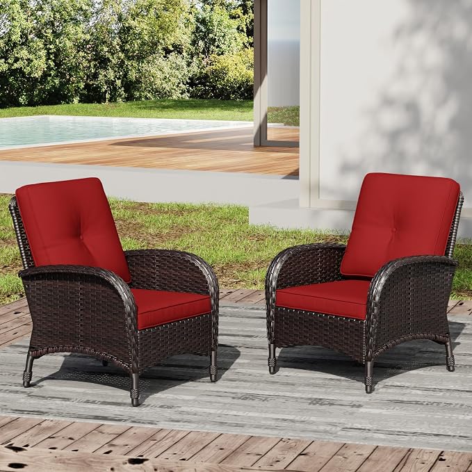Joyside Wicker Patio Chairs Set of 2, Rattan Outdoor Furniture with Thickened Cushions, High Back, Deep Seating, Wide Armrest, Outdoor Chairs for Porch, Deck