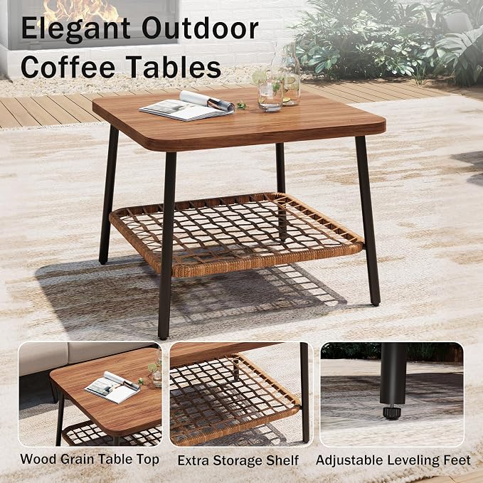 6-Piece Patio Conversation Set, Outdoor Sectional Sofa Modular Wicker Furniture with Thick Cushions & Wood Grain Coffee Table, Patio Furniture for Backyard Porch
