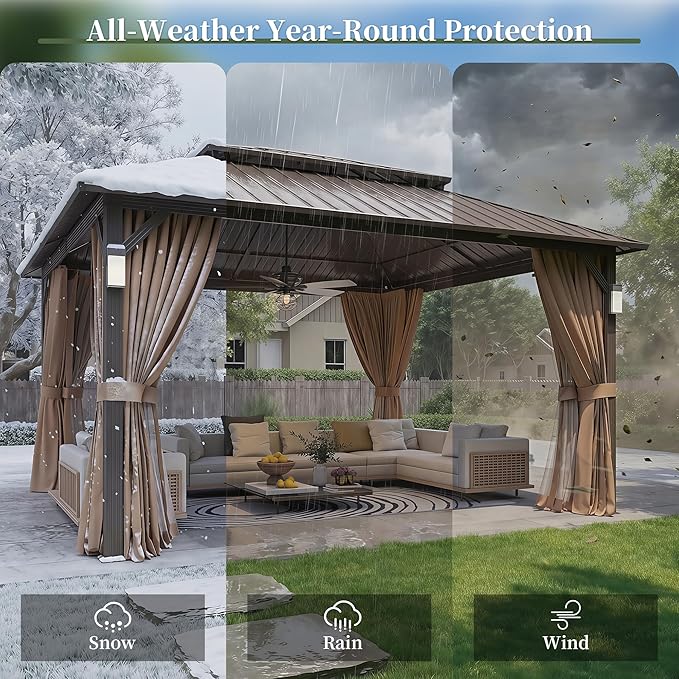 Aoxun 14'x12' Hardtop Gazebo with 4 LED Lights, Outdoor Gazebo with Galvanized Steel Double Roof, Patio Gazebo with Breathable Netting & Privacy Curtain, Decor Hooks for Backyard, Brown
