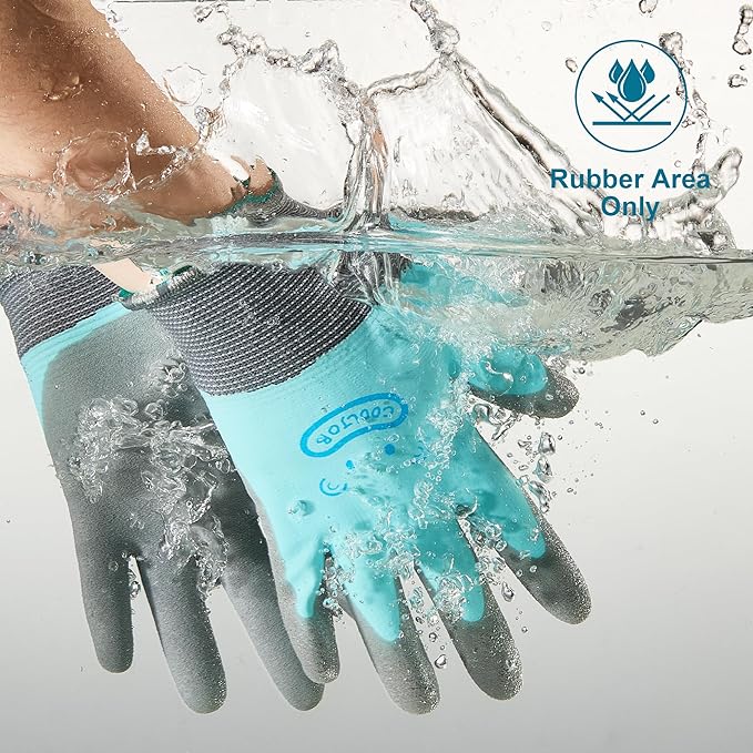 COOLJOB Double Coated Kids Gardening Gloves with Grip, Non-Slip Waterproof Rubber Work Gloves for Boys and Girls Ages 4-6, Anti-slip Durable and Super Soft, Blue & Yellow, 2 Pairs, Medium