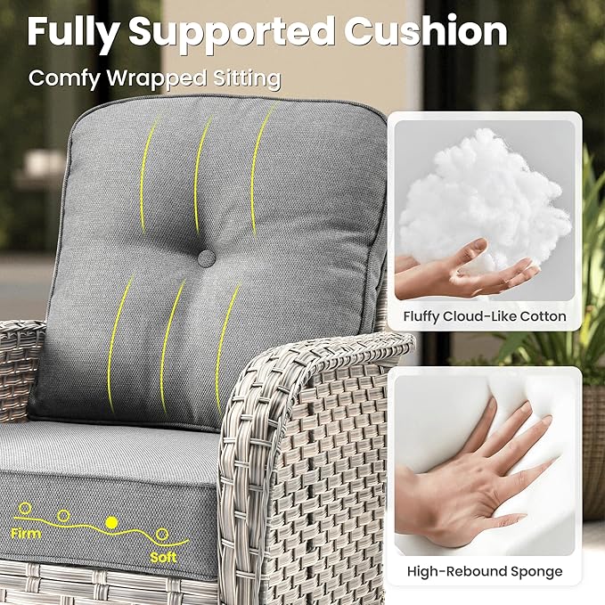 ovios 8-Piece Patio Furniture Set with L-Shape Sofa Chaise, Outdoor Sectional Couch Swivel Gliders Fire Pit Table, Modern Modular Wicker Rattan Conversation Set, Dark Grey