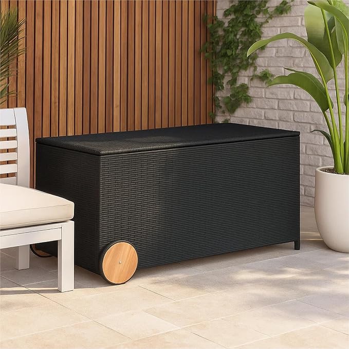 Benzara Saki Outdoor Storage Box, Rectangular Black Poly Rattan, Wood Wheels