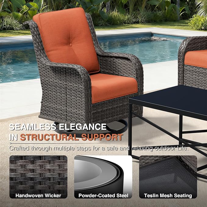 Joyside 5 Piece Wicker Patio Furniture Set, Outdoor Swivel Rocker Patio Chairs with High Back, Deep Seating, Wide Armrest, Thickened Cushions, Outdoor Furniture for Deck, Porch Use