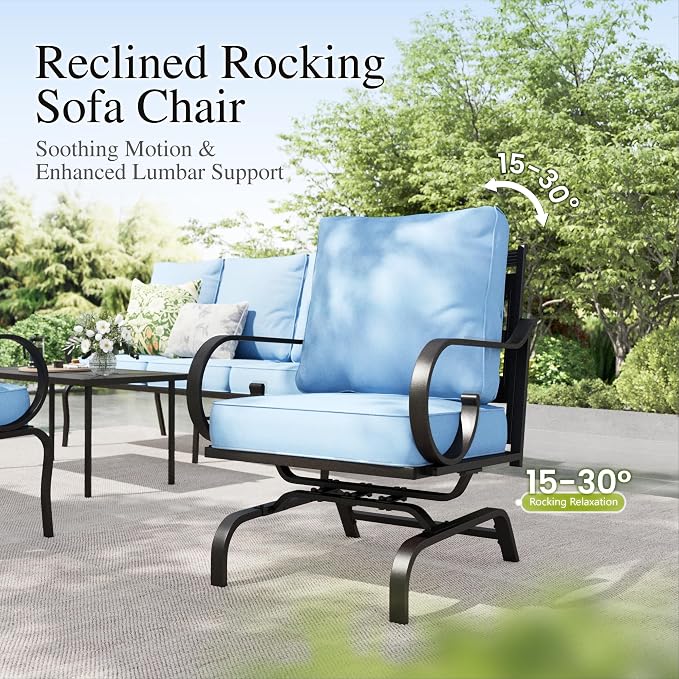 Sophia & William Patio Conversation Set for 7, 3-Seater Sofa, 4 Rocking Chairs and a Coffee Table, Metal Outdoor Furniture with 5.75" Extra Thick Cushions, Blue