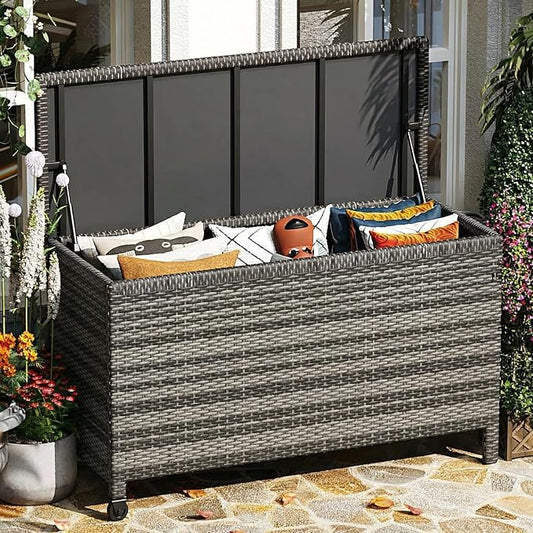 185-Gallon Outdoor Deck Box with Wheels, Waterproof PE Rattan & Aluminum Frame Storage Bin, Lockable Patio Furniture Chest for Cushions, Garden Tools, Pool Toys, Gray