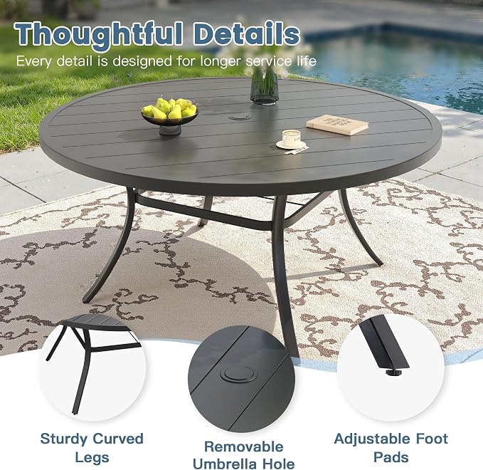 DIFY 9 Pieces Outdoor Dining Set for 8, 63" Black Round Metal Table with Umbrella Hole and Dark Grey Textilene Swivel Patio Chairs, Patio Table and Chairs Set for Garden, Backyard, Poolside