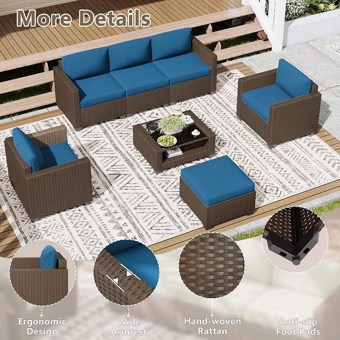 LOUVIXA 7 Piece Outdoor Patio Furniture Set, Rattan Chairs Glass Table Wicker Conversation Seating Sectional Sofa with Cushions (Brown-Peacock Blue, 7Pcs-2 Layer Coffee Table)