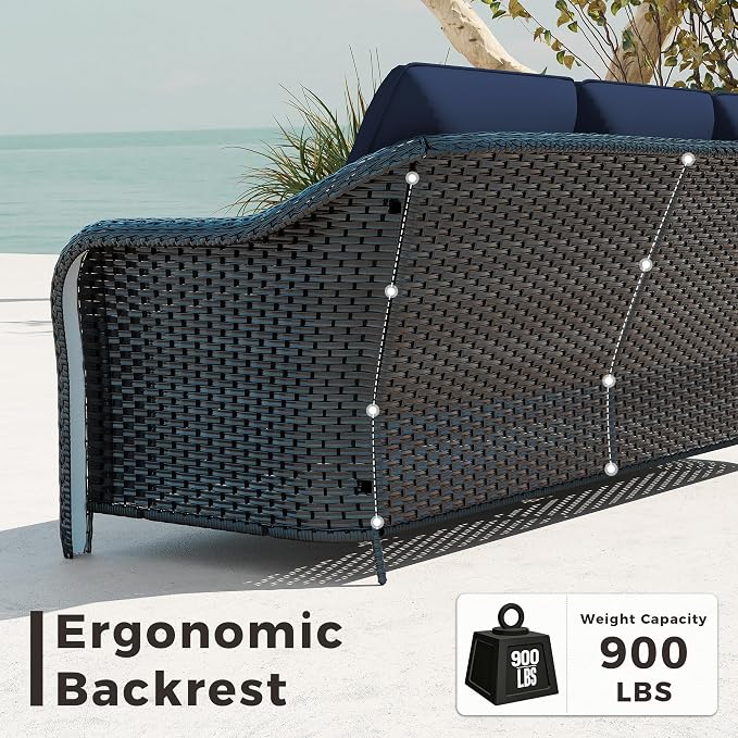 78" Wicker 3-seat Sofa, Outdoor Conversation Furniture, All-Weather Rattan Couch, Steel Frame Couch with Cushions for Garden, Poolside, Porch (Navy Blue)