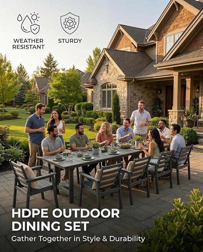 12 Piece HDPE Outdoor Dining Set for 10, Patio Dining Furniture Set with 2” Umbrella Hole, Weather Resistant Outdoor Table and Chairs for Garden, Poolside, Backyard, Deck