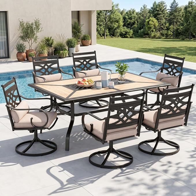 MFSTUDIO 7-Piece Patio Dining Set, 61.5" Metal Table, Swivel Chairs | Umbrella Hole, Seats 6, All-Weather Use