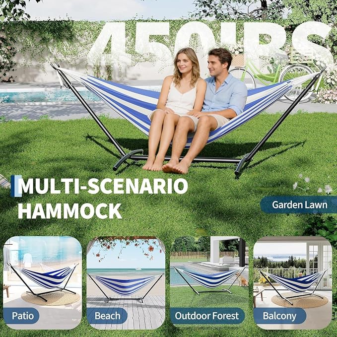 Double Hammock with Space-Saving Steel Stand - 2 Person Portable Heavy Duty Hammock with Carrying Bag for Outdoors & Indoors, Easy Assembly, 350 lbs Capacity, Yellow Rainbow Stripes