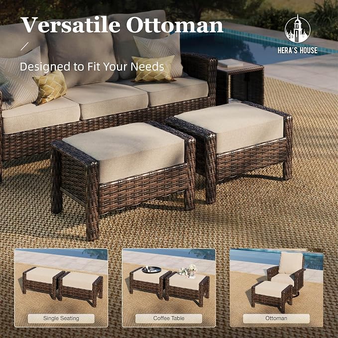 HERA’S HOUSE Wicker Patio Furniture Set, High Back Swivel Chairs with 5.5-Inch Thick Cushions, 6-Piece Outdoor Deep Seating Conversation Sets with Fire Pit Table & Ottomans for Deck Yard Garden, Beige