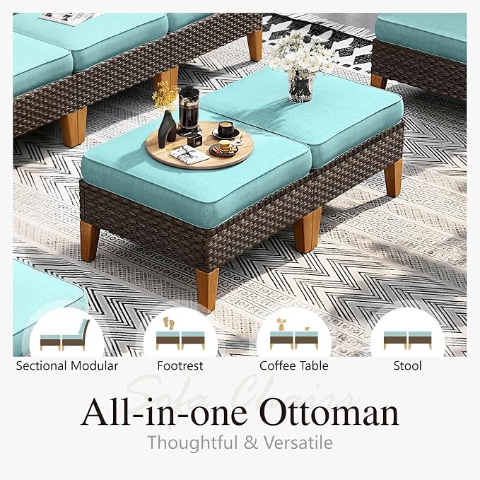 Sophia & William Outdoor Wicker Sectional Sofa Set, 9 Piece Half Moon Curved Patio Furniture Modern Round Outdoor Couch Conversation Set with Ottoman for Backyard, Pool, Garden(Aqua Blue)