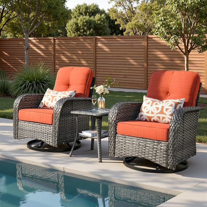 3-Piece Patio Furniture Set, Outdoor Wicker Furniture with Coffee Table, High Back Swivel Rocker Patio Chairs, Modern Rattan Outdoor Chairs Conversation Set for Porch, Balcony, Garden, Orange-Red