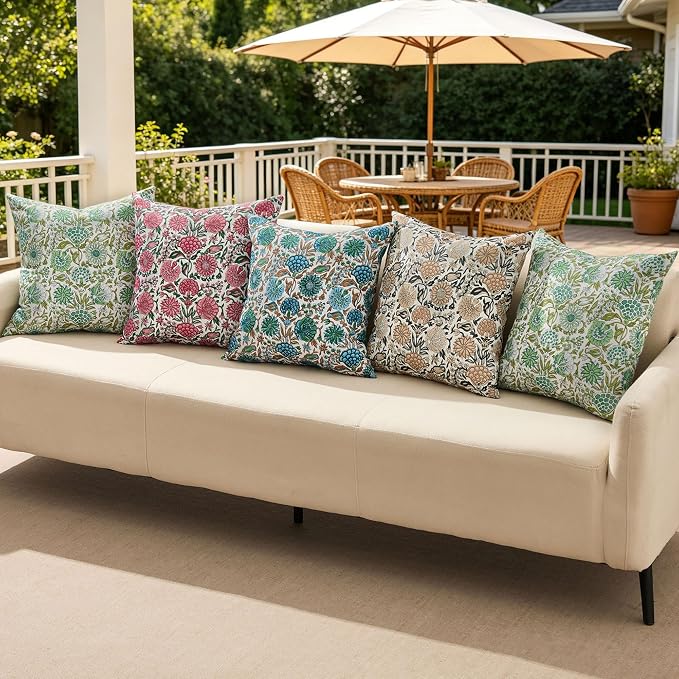 Allorry Outdoor Waterproof Pillow Covers 16x16 Green Floral Outdoor Decor | Set of 2 Vintage Floral Block Print Pillow Cover,Farmhouse Boho Decorative for Spring Summer Outdoor Sofa Bedroom Decor