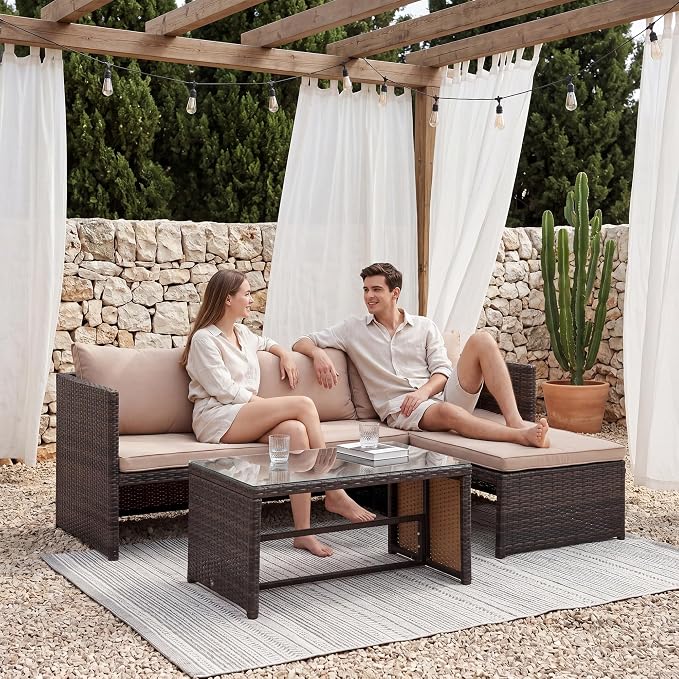 Tappio 3 Pieces Patio Furniture Sectional Sets, 3-Piece Outdoor PE Rattan Furniture Sets, Outdoor All-Weather PE Rattan Wicker Lawn Conversation Sets with Cushion and Glass Table