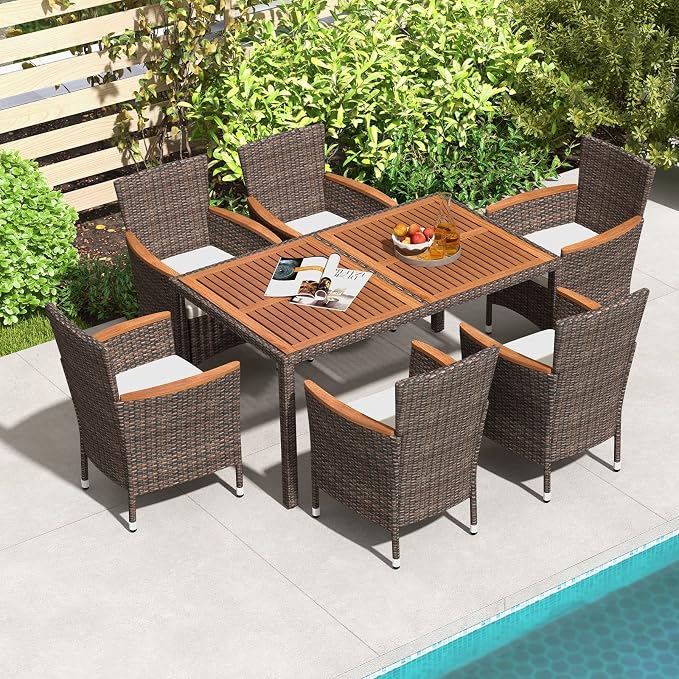 7 Pieces Patio Wicker Dining Set Outdoor Dining Set, Patio Furniture Set with Acacia Wood Table and Chairs, Garden Dining Table Set for Desk, Poolside, Backyard (Brown)