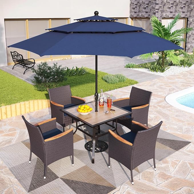PHI VILLA 5pc Patio Dining Set with Umbrella, Square Table, Rattan Chairs | 37" Wood-like Metal Table, Cushioned PE Rattan chairs, 10ft Navy Blue 3 Tier Auto-tilt Umbrella (Base Not Included)