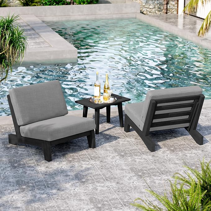 3 Piece Wood Patio Chair Outdoor Bistro Set, All Weather Outdoor Furniture Patio Sofa Chair Backyard Seating Group Conversation Sets with Wooden Side Table, Gray