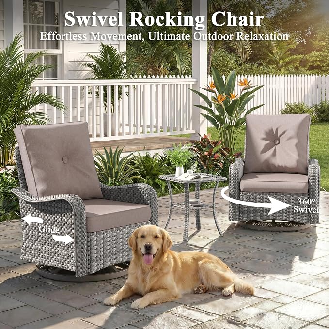 13 Piece Wicker Patio Furniture Set with 55,000 BTU Fire Pit Table, Swivel Rocking Chairs, 4''Cushions, PE Rattan, Wind Guard Glass, for Backyard, Deck or Balcony, Beige