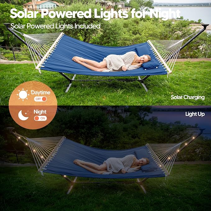 SUNCREAT Patio Hammock with Stand, Solar Powered Lights, Backyard Hammock with Stand for Outside, Navy