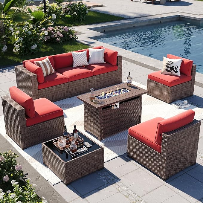 Aoxun Patio Furniture Sets, 8-Piece Outdoor Patio Furniture with 44'' Propane Gas Firepit Table, Wicker Outdoor Conversation Set Sectional Sofa for Backyard, Poolside, Garden