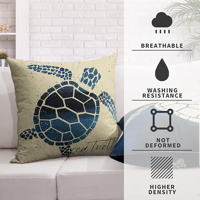 Ocean Decor Throw Pillow Covers Coastal Sea Turtle Pillow Cases 20x20 Nautical Beach Theme Linen Pillow Cover for Living Room Outdoor Car Couch Pack of 2