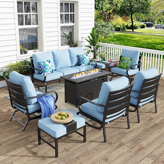 MFSTUDIO 8 Pieces Patio Furniture Sets with 45" Gas Fire Pit Table(Up to 9 Seat),Outdoor Metal Conversation Sofas with 1 x 3-Seat Sofa, 2 Single Chairs,2 Rocking Chairs and 2 Ottoman,Blue Cushion