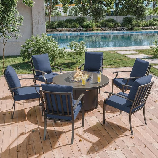 ALAULM 7-Piece Outdoor Dining Set for 6 Metal Outdoor Patio Furniture with 40000 BTU Round Fire Pit Table for Patio, Backyard, Garden-DarkBlue