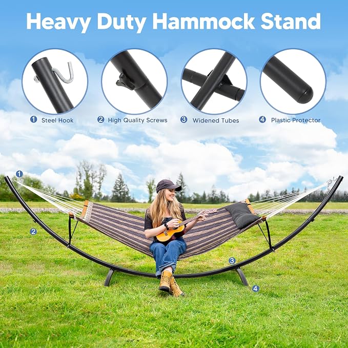 SUNCREAT Hammocks for Outside with Stand, Porch Hammock and Stand, 475 lbs Capacity, Patent Pending, Gray Stripes