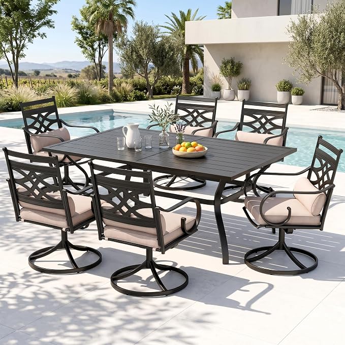 PHI VILLA 7 Piece Patio Dining Set, Swivel Chairs, Rectangular Steel Table | Metal chairs, Beige Cushion, Cushions, E-coated
