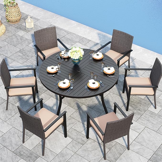 Sophia & William 7 Pieces Round Patio Dining Set for 6, Metal Patio Table and Rattan Chairs Set for Outside, All Weather Outdoor Dining Set with 1.6" - 2" Umbrella Hole