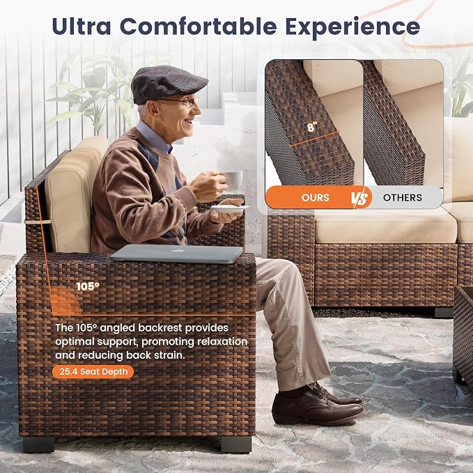 UDPATIO Patio Furniture Set with 44" Fire Pit, 8 Inch Armrest, Brown/Khaki