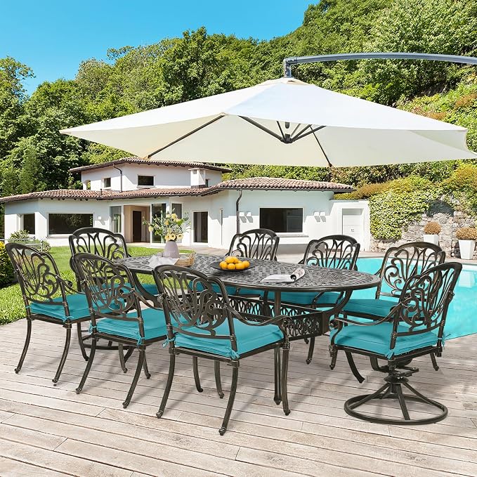9-Piece Patio Dining Set, Outdoor Patio Table and Chair Set of 84” Oval Cast Aluminum Dining Table with Umbrella Hole, 6 Stationary, 2 Swivel Rocker Chairs, Patio Funiture Set, Blue