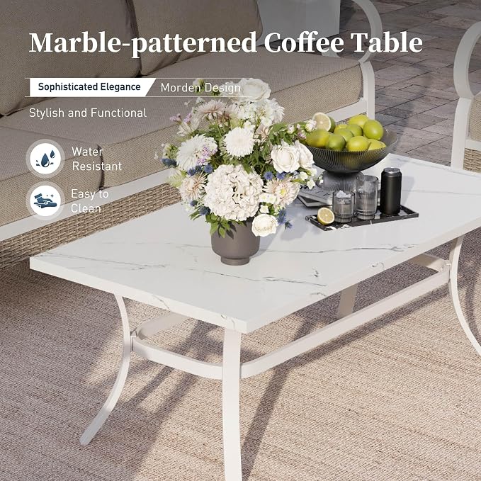 SUNSHINE VALLEY 6 PCS Metal Outdoor Patio Furniture Set, Patio Conversations Sets 3-Seater Sofa, 2-Seater Sofa, 2 Rocking Chair with 5.75" Thick Cushion & Coffee Table White Backyard Furniture, Beige