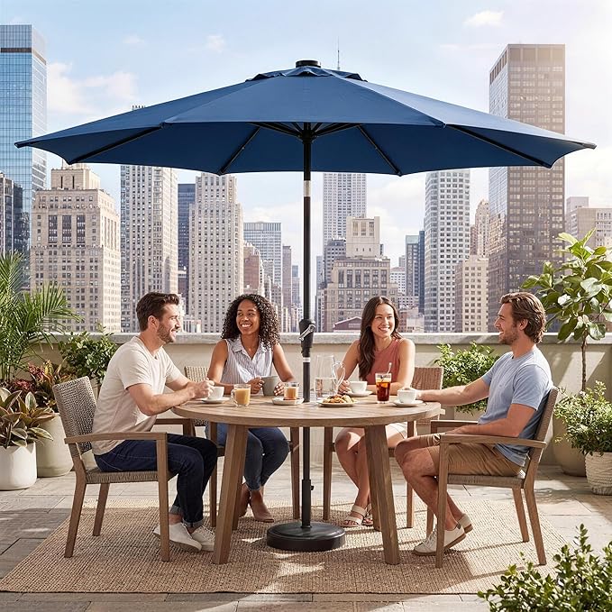 Garvee 9FT Patio Umbrella with 32 Solar LED Lights, Outdoor Table Market Umbrella with Tilt and Crank, 8 Sturdy Iron Ribs Sun Shade for Garden, Deck, Backyard and Pool, Navy Blue