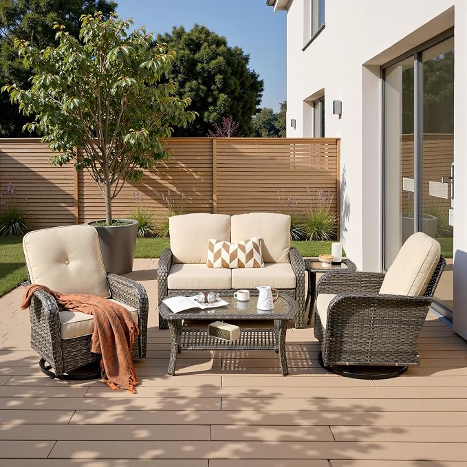 5-Piece Patio Furniture Set, Outdoor Wicker Furniture with Coffee Table, High Back Swivel Rocker Patio Chairs, Modern Rattan Outdoor Chairs Conversation Set for Porch, Balcony, Garden, Beige