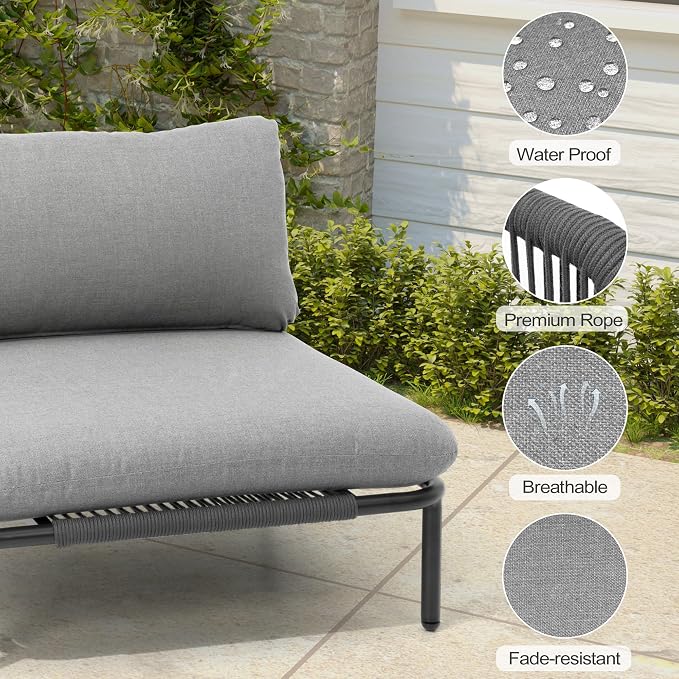 Patio Furniture Set, Outdoor Patio Furniture Oversized Metal Single Sofa, 4-seat Conversation Set with Cushion for Indoor and Outdoor, Black Frame and Dark Grey Mat (4 Seats 4 Armrests)