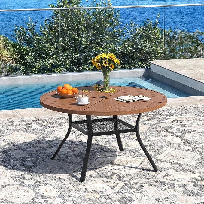 DIFY Patio Dining Set for 4, 5 Piece Outdoor Table and Chairs Set, 40.6" Walnut Round Metal Patio Dining Table and 4 Brown Textilene Stackable Patio Chairs, for Backyard Garden Poolside