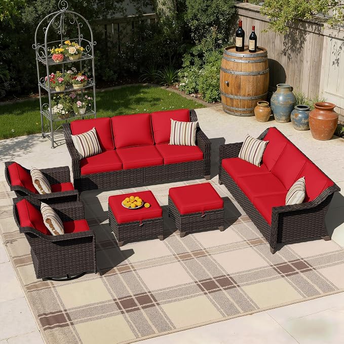 6 Pieces Patio Conversation Furniture Set - 2 Sofas, 2 Swivel Chairs, 2 Ottomans, Outdoor Wicker Furniture with Removable Cushions for Porch, Balcony, Sunroom (Red)