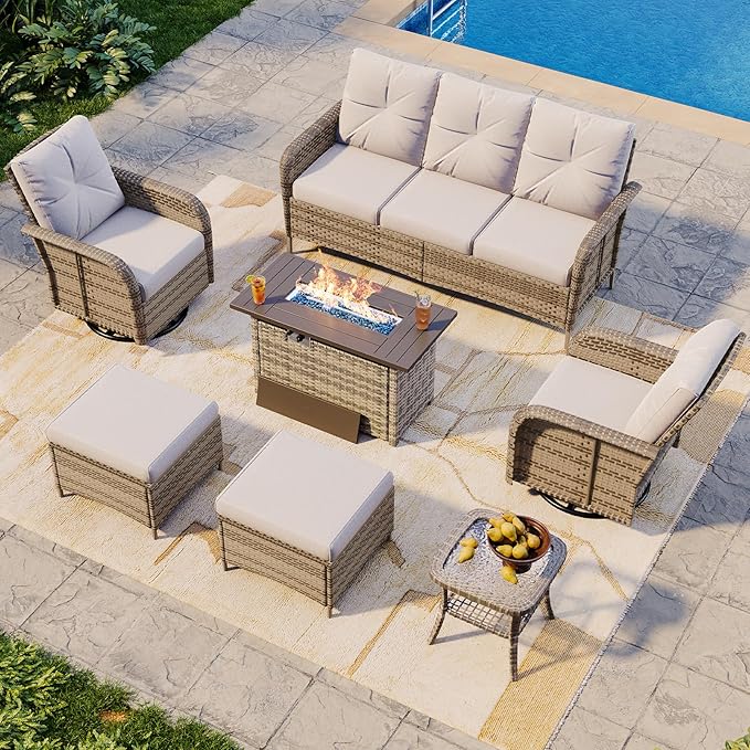 Aoxun 7-Piece Patio Furniture Set with 44” Fire Pit Table, Wicker Rattan Outdoor Sectional Sofa with High Back Swivel Rocker Chairs, Outdoor Patio Furniture Set with Thick Cushions & Ottoman, Grey