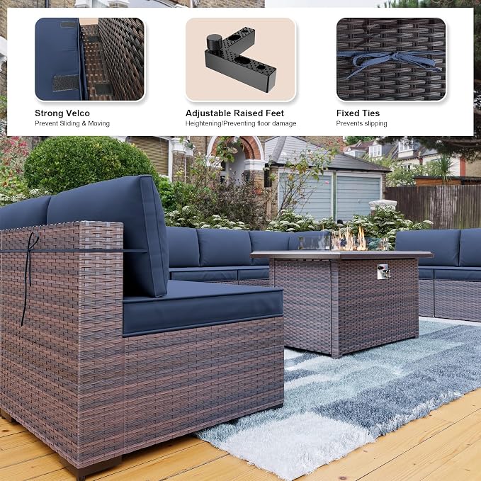 Kullavik 10 Pieces Outdoor Patio Furniture Set with 43" Gas Propane Fire Pit Table PE Wicker Rattan Sectional Sofa Patio Conversation Sets,Navy Blue