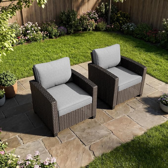 WWR Patio Furniture Set-30% Thicker Wicker-Luxury 2 Piece PatioWicker Outdoor Patio Conversation Set with Extra Wide & Thick Cushions, Armchair, Rattan Outdoor Furniture Set for Backyard, Porch & Deck