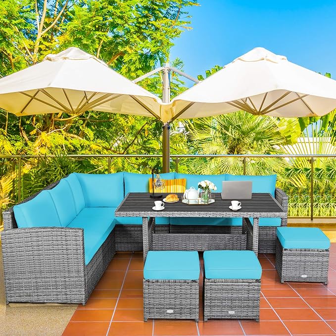Tangkula 7 Pieces Patio Furniture Set, Outdoor Sectional Rattan Sofa Set with Cushions, All Weather Wicker Conversation Couch Set w/Dining Table & Ottomans for Backyard Garden Poolside (Turquoise)