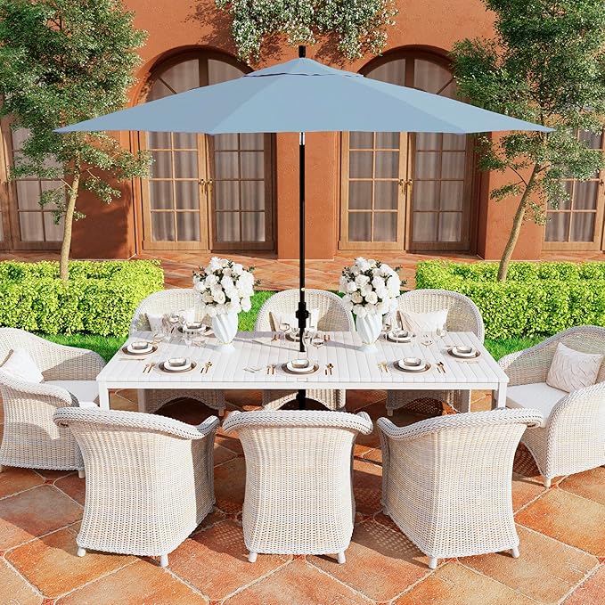 California Umbrella 11Ft Premium Sunbrella Patio Umbrella, Hand-Crank, Tilt-Collar, Black Frame, Air Blue Fabric
